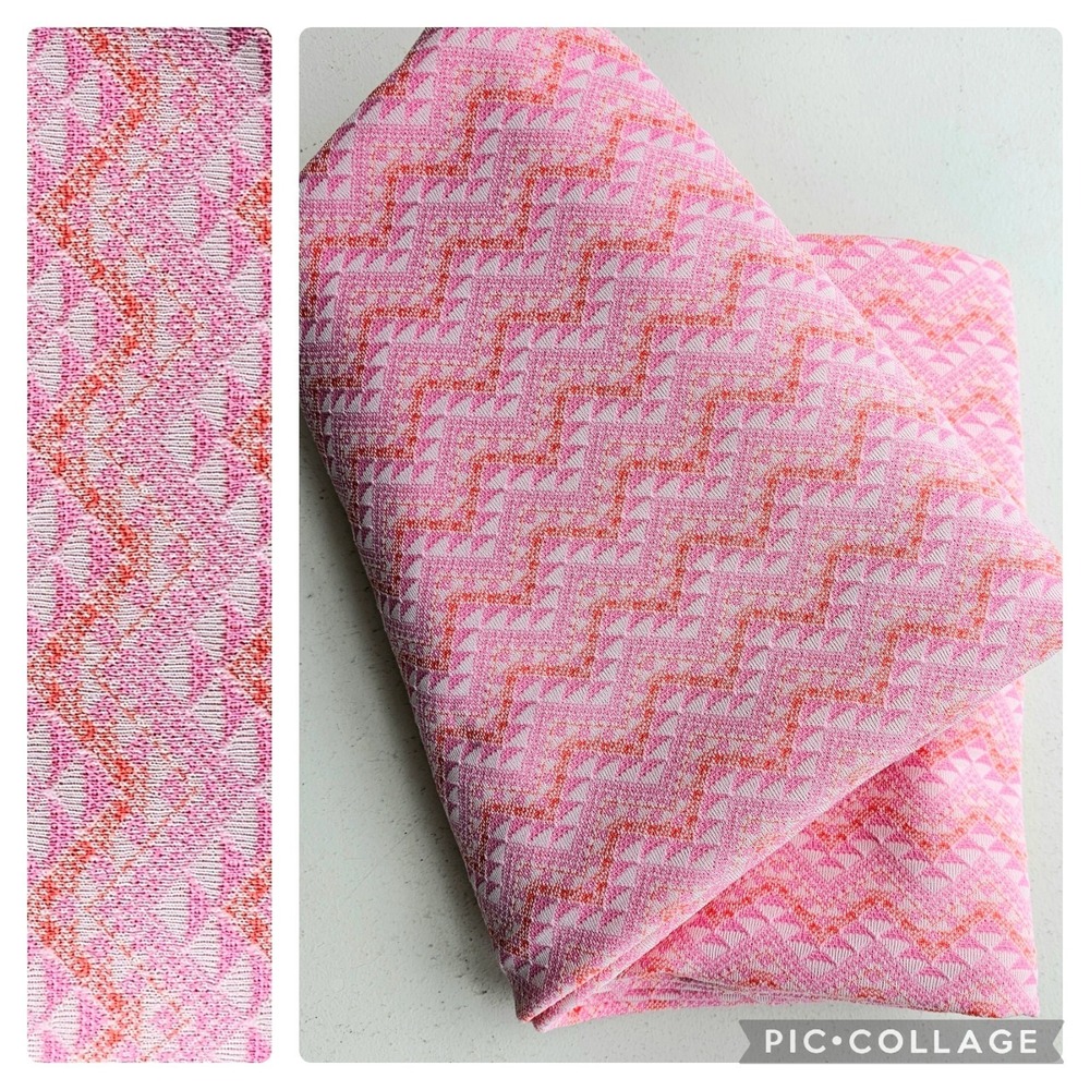 1970s Vintage Pink Orange Salmon Geometric Linear Polyester Fabric Yardage #69